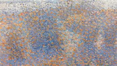 Détail des buissons de gauche, sur fond de mer, les branches sont représentées par des points bleus.