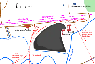 Schématisation des installations du puits, des terrils et cités minière.