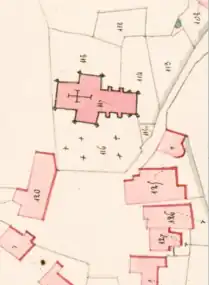 Plan cadastral de Calviac, en 1826, le cimetière se trouve encore au pied de l'église. Cette dernière procédait un plan identique à l'actuelle.