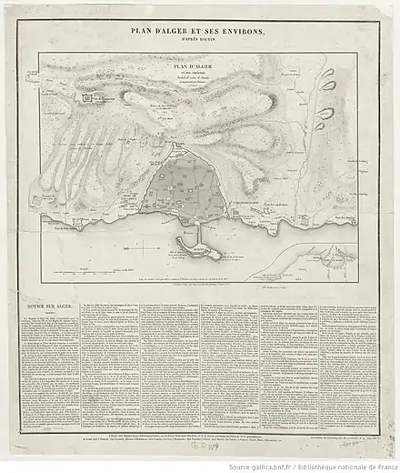 un plan gravé et encré en noir avec ombrage montrant la rade, le port et la vieille ville d'Alger en 1808