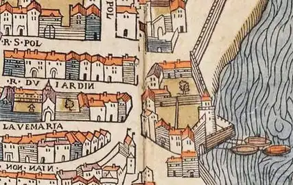 La tour Barbeau sur le plan de Truschet et Hoyau (vers 1550) avec des vestiges de l'enceinte de Charles V.