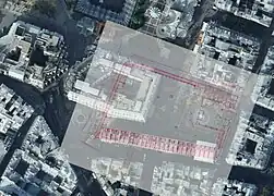 Plan du cimetière et de l'église des Innocents en 1786 superposé au même quartier fin 2011.