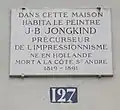 Plaque de Johan Barthold Jongkind (qui comporte une erreur, il est certes enterré à La Côte-Saint-André, mais mort à Saint-Egrève).