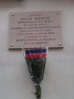 Plaque en mémoire de Olga Bancic, posée au 114 rue du Château à Paris 14e.