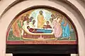 Entrée de l'église, fresque moderne de la Dormition de la vierge