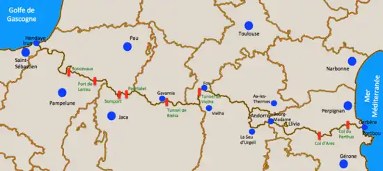 Carte des cols et tunnels entre la France et l’Espagne.