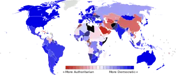 Carte du monde présentant les données du rapport Polity pour l'année 2011. Une couleur bleue indique une démocratie.