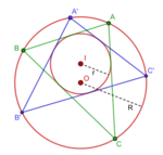 Deux triangles poristiques ABC et A'B'C' par rapport aux cercles I( r ) et O(R)