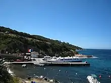 Petit port avec un appontement en V qui accueille une navette de passagers à quai.