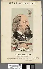 Couverture de magazine intitulée « Bustes du jour », profil gauche en couleur, chevelure abondante et soignée, barbe et moustache ; dans le coin haut droit, lyre-miniature ; coin bas gauche, plume d'oie et papiers sur une table à peine esquissée