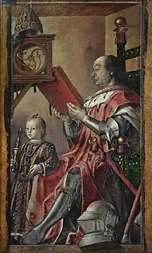 Portrait de Federico da Montefeltro et son fils Guidobaldo, 1474–1477, avec le collier de l'ordre de l'Hermine.