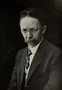 Homme à moustache portant des lunettes et un costume