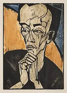Erich Heckel, Portrait d'un homme, 1918, gravure sur bois en couleurs, sur zincograph, en vert, bleu, ocre et noir sur le papier