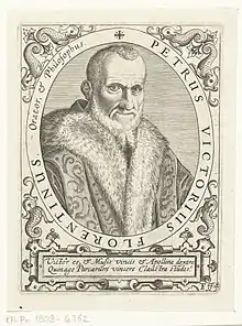 Gravure iconographique figurant du philologue, historiographe et humaniste florentin Piero Vettori (1499 - 1585) en buste.