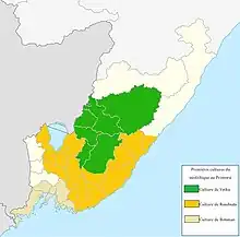 Carte du Primorié montrant les aires approximatives des cultures de l'époque. Au sud, il y a la culture de Boïsman; dans le centre-sud du Khanka à la mer du Japon la culture de Roudnaïa, et dans le centre-nord la culture de Vetka.