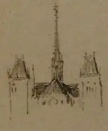 Dessin d'architecte esquissant une cathédrale surmontée de flèches.