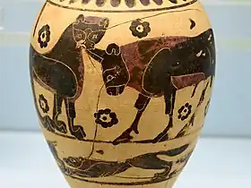 Aryballe protocorinthien, détail. Scène animalière et chasse au lièvre.  Milieu -VIIe s.