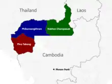 la province de Phra Tabong, qui comprend approximativement la province actuelle de Battambang et Pailin; celle de Phibunsongram, Banteay Meanchey, Oddar Meanchey et le nord de celle de Siem reap; celle de Nakhon Champassak celle de Preah Vihear et le sud ouest du Laos.