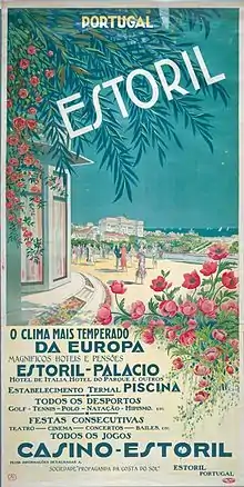 Affiche montrant un environnement ensoleillé et fleuri, le casino au loin et Estoril écrit en grand au dessus.