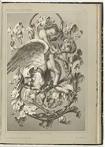 Putto sur un oiseau, dans : Etudes d'Ornements aux deux crayons par Bilordeaux, lithographie.
