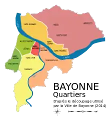 Carte des sept quartiers de Bayonne. Aplats de couleurs vives sur fond gris.