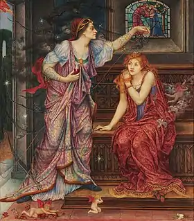 Dans un labyrinthe, Aliénor d'Aquitaine cache une fiole de poison à Rosemonde, tout en tenant un fil d'Ariane permettant de trouver la sortie.