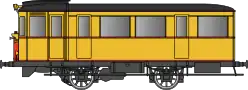 Autorail parallélépipédique avec une caisse jaune et des liserés rouges.