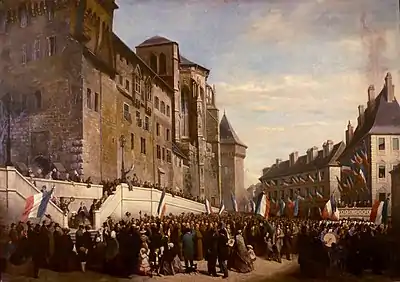 Peinture des Savoyards rassemblés devant le château de Chambéry lors de l'annexion de la Savoie à la France en 1860