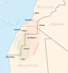 Carte d'Afrique du Nord-Ouest représentant deux zones de répartition allongées : une verte (« Reguibat Sahel ») située entre Smara et Atar, et une rouge (« Reguibat Lagouacem ») située entre Atar, Goulimine et Tindouf.