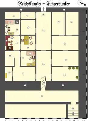 plan en couleurs du Führerbunker reprenant la pièce dans laquelle il s'est sucidé