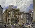 L'ancien Burgtheater sur la Michaelerplatz, peint par Robert Raschka (en) ; au centre, à droite du château.