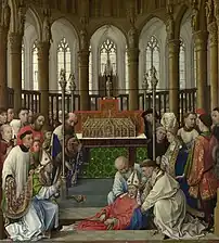 Exhumation de Saint Hubert à la collégiale Saint-Pierre de Liège pour invention de reliques (tableau de Rogier van der Weyden, c. 1437).