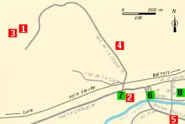 Carte montrant l'emplacement des monuments autour des rues du centre-ville.