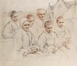 Famille bretonne en prière devant l'église de Pont-Croix et coiffe du Cap-Sizun.