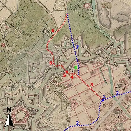 Figure 2 : État en 17171 Ancienne porte Saint-Pierre2 Anciens remparts3 Nouvelle rue Saint-André4 Idem (ancien chemin de Lambersart)5 Porte de Saint-André6 Route d'Ypres déviée7 Tracé abandonné de la route d'Ypres8 Ancienne église Saint-André