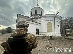 Vue de l'église Saint-Macaire touchée par un bombardement le 9 mars 2024.