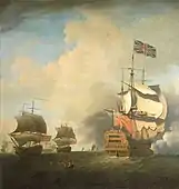 Samuel Scott, Un "First-rate" ramenant ses voiles, v. 1736, huile sur toile, 228,6&nbsp;×&nbsp;219,71&nbsp;cm, Londres, National Maritime Museum, BHC1039