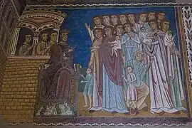 Fresques des Épisodes de la Vie du Pape Sylvestre (314-335). Scène 1 : Constantin, atteint de la lèpre, rassure des femmes et leurs enfants sur leur sort.