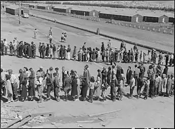 Les internés américains en ligne au Tanforan Assembly Center de San Bruno (Californie) le 29 avril 1942.