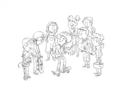 Un dessin à colorier de Sandra Brandstätter issu du livre Ada & Zangemann : le moment où Ada montre à ses camarades qu'on peut contrôler soi-même son skateboard électronique.