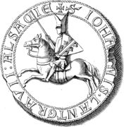 Dessin d'un homme à cheval avec un heaume et un bouclier, le tout entouré d'une inscription en latin : Lantgravii Alsatie S Iohannis