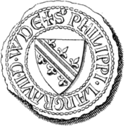 Dessin d'un bouclier entouré d'une inscription en latin : Langravii D Wde S Philippi