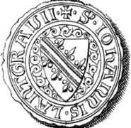 Dessin d'un bouclier entouré d'une inscription en latin : Lantgravii S Iohannis