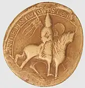 Moulage d'un sceau représentant un chevalier à cheval, armé et avec un gonfanon où on aperçoit un damier