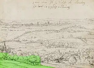 Vue de Paris depuis Meudon, seconde moitié du XVIe siècle. En vert est visible l'emplacement du futur jardin de la maison.