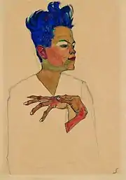 Dessin de trois-quarts face d'un jeune homme dont seuls sont peints le visage, les cheveux ébouriffés et les mains effilées se rejoignant sur la poitrine