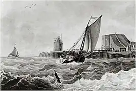 Dessin en noir et blanc représentant un navire dans une mer en tourmente et d'une île et de ses bâtiments en arrière-plan