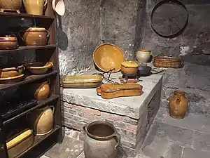 Reconstitution d'une cuisine avec une poêle à lièvre au Töpfermuseum Thurnau (de)