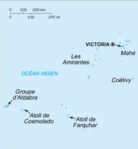 Carte des Seychelles montrant les îles Intérieures (autour de Mahé) et les îles Extérieures (îles Amirante, Coëtivy, atoll Farquhar, Cosmoledo et Aldabra).