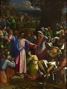 Image d'une peinture montrant Jésus , légèrement surélevé sur une marche qui d'un geste éloquent, désigne Lazare à moitié nu qui se réveille à la surprise générale, en enlevant les bandages qui l'enveloppent. Les groupes se pressent au premier plan très encombré, tandis que la scène s'élargit dans un paysage en arrière-plan, avec deux groupes de personnages placés de part et d'autre et une vue sur la ville avec des ruines et un pont qui rappelle Rome.